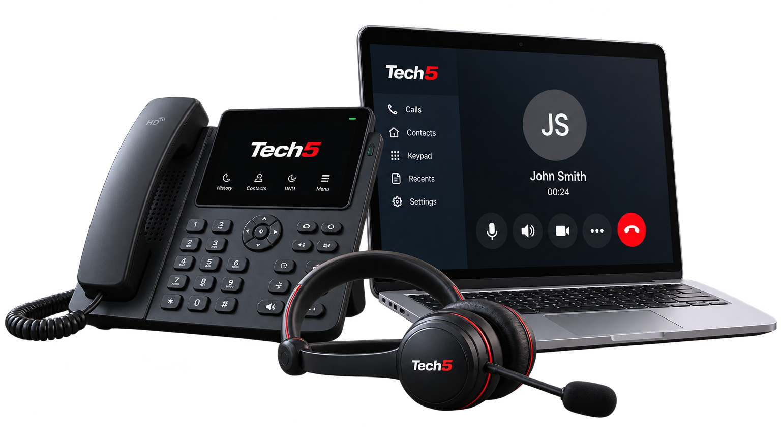 VoIP desk phone, laptop and headset